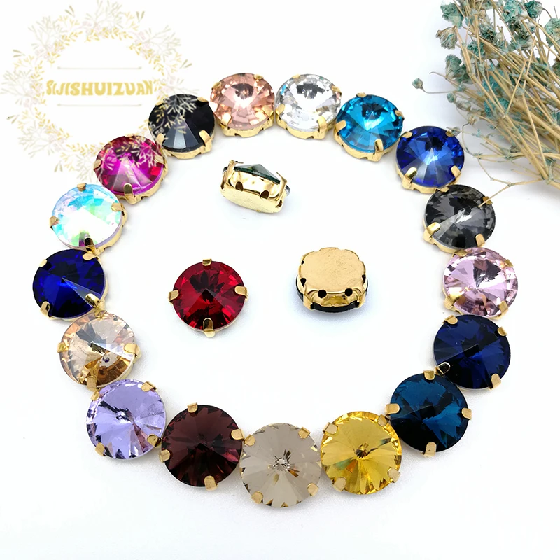 Бирюзово-голубой круглый стеклянный кристалл пришить стразы с золотым когтем Diy