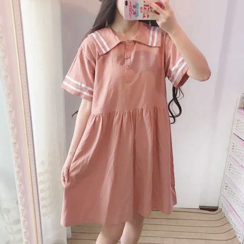 Японский розовый матросский цвет Kawaii платье для женщин весна осень сладкий вышивка лоскутное короткий рукав школьное платье T365