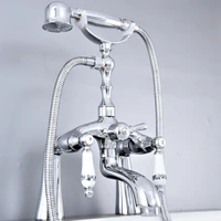 polished chrome deck mounted bathroom tub faucet dual handles telephone style hand shower clawfoot tub filler atf761