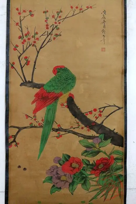 Античная китайская каллиграфическая живопись с ручной росписью QingDynasty-птица, декоративные подвесные фрески, поделки/коллекция и украшение