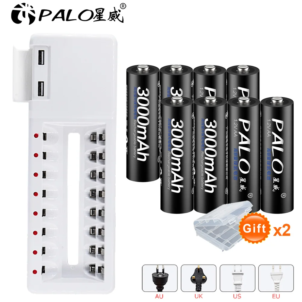 Аккумуляторные батареи PALO 8 шт. AA 1 2 в Ni MH + зарядное устройство с USB интерфейсами