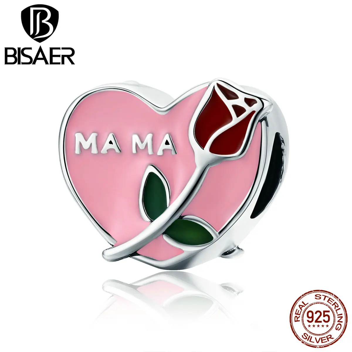 BISAER, подлинный 925 пробы, серебряный, Mama Love, роза, цветок для мамы, подарок для мамы, сердце, бисер, подходит для браслета, 925 серебряные ювелирные изделия ECC652