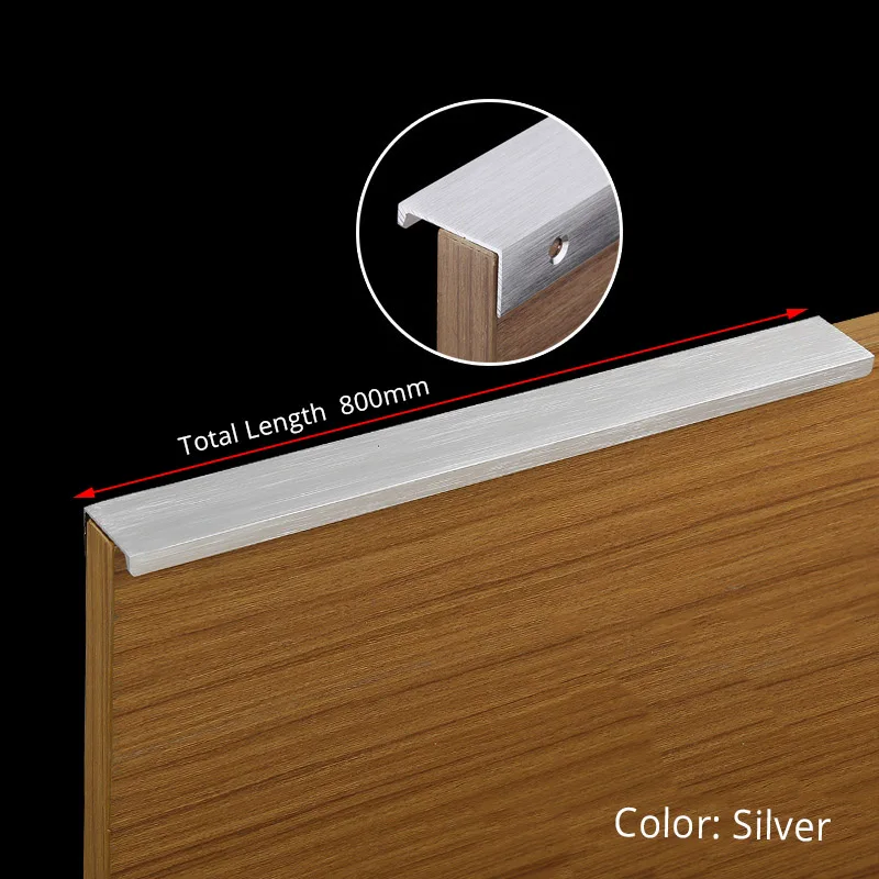 Silver Length 800mm KAK 5 шт./лот, черные скрытые ручки для шкафа, цинковый сплав, кухонный шкаф, ручки для выдвижных ящиков, мебельная дверная ручка для спальни, фурнитура - Цвет: Silver Length 800mm