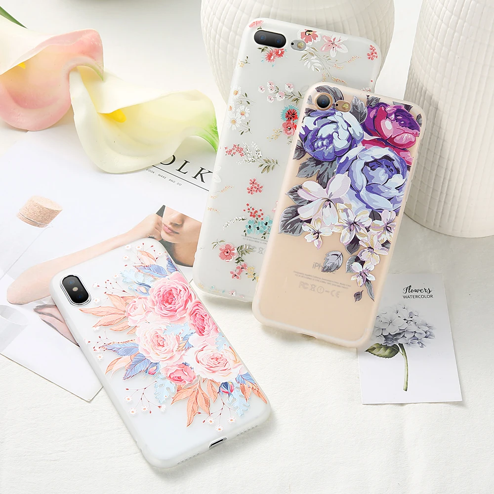 KISSCASE Мягкий силиконовый чехол для iPhone 7 8 X XS XR 3D рельефный с цветами Apple Plus