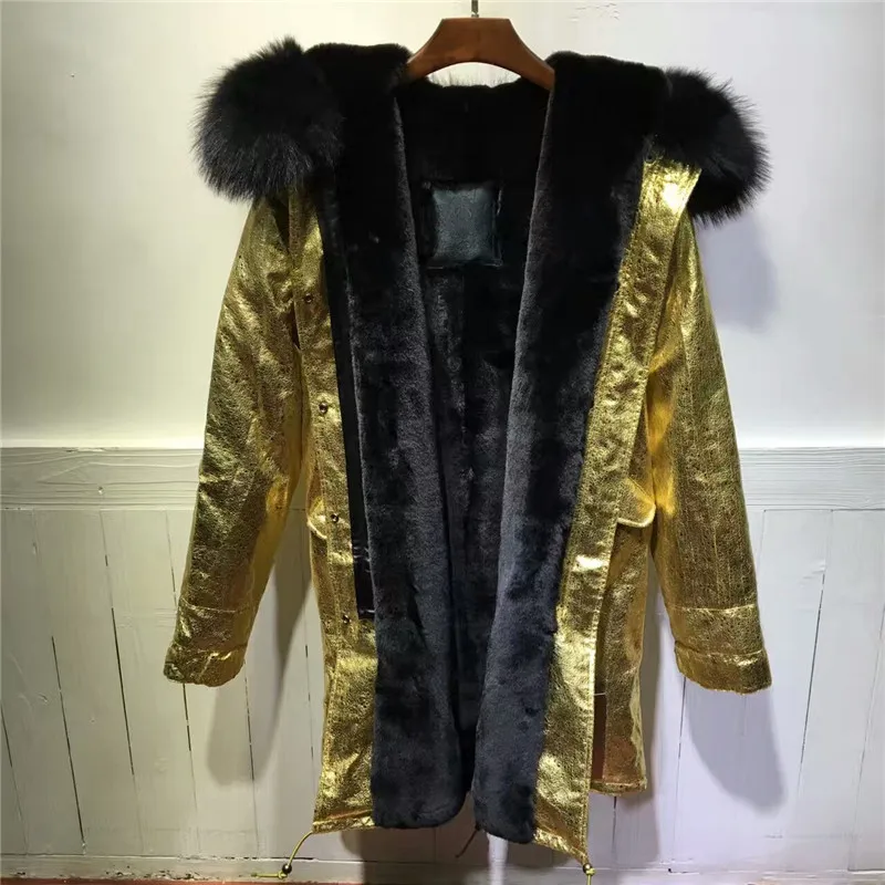 Длинная кожаная куртка золотистого цвета черная зимняя меховая парка на молнии с