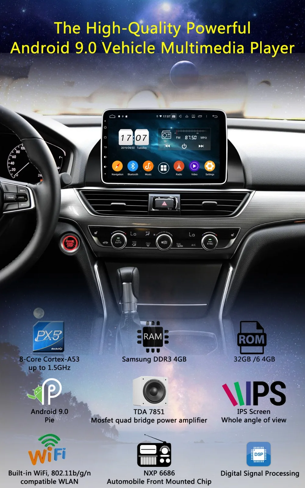 10," ips Android 9,0 8 ядерный 4 Гб ram+ 64 ГБ rom Автомобильный DVD радио плеер gps для Honda ACCORD 10 DSP CarPlay Parrot BT Adas стерео
