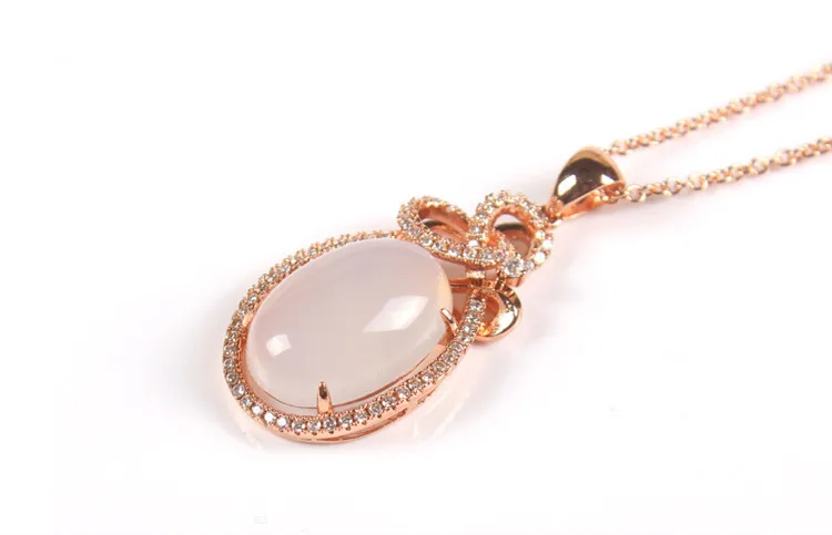 Халцедон розовый элегантный инкрустированный циркониевый камень кулон ожерелье