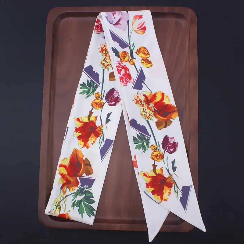 

Twill Silk Head Scarf Women Fashion Head Foulard Summer Luxury Brand White Flower Printed Small Tie Bag Ribbons Hair Scarves