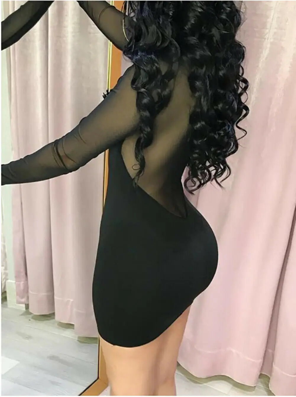 Женское облегающее платье водолазка с длинным рукавом черное Сетчатое мини для