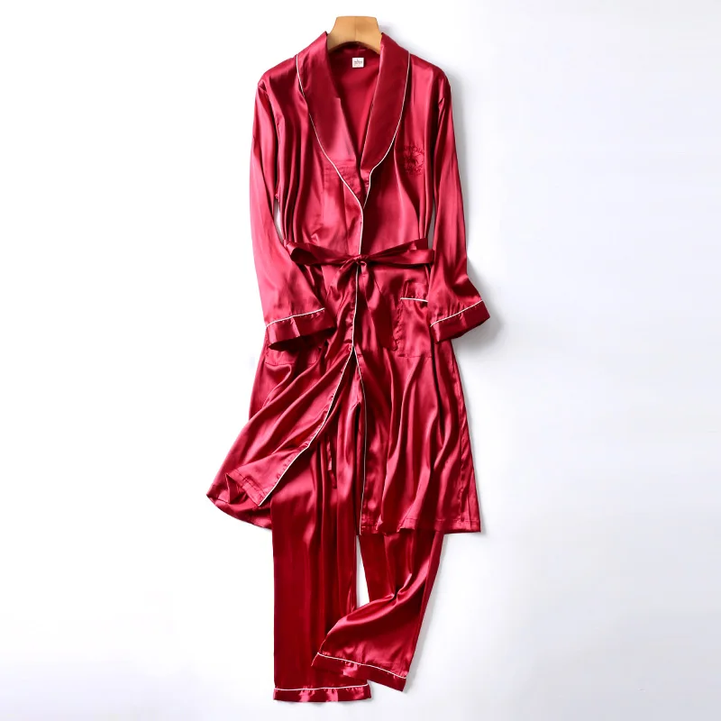 robe pants set 2 Двухкомпонентная шелковая ночная рубашка, атласная Мужская одежда для сна, свободный шелковистый халат с длинным рукавом и длинными штанами, банный халат для мужчин - Цвет: robe pants set 2
