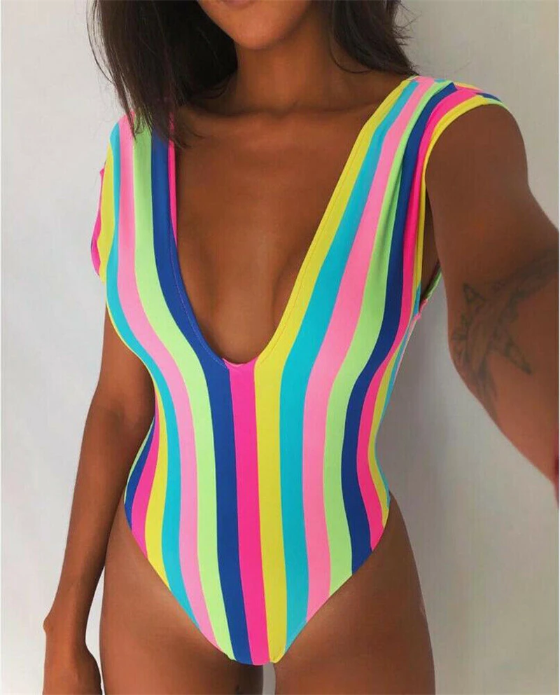 2019 летние женские цельные Радужный полосатый купальник купальный костюм