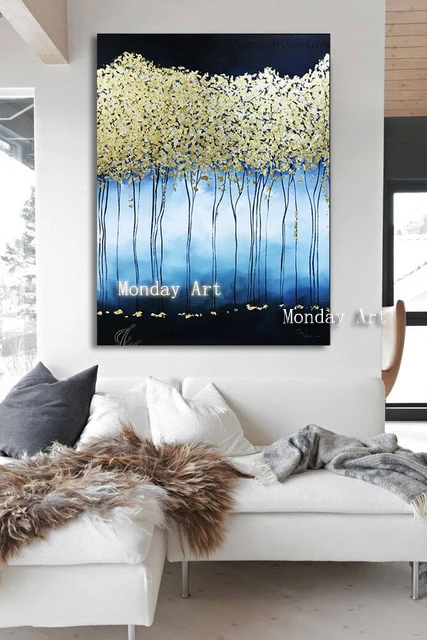 Famous painting Hand Painted Large Abstract Oil Painting Gold Leaves Art Wall Golden Trees Original wedding decorat | Дом и сад
