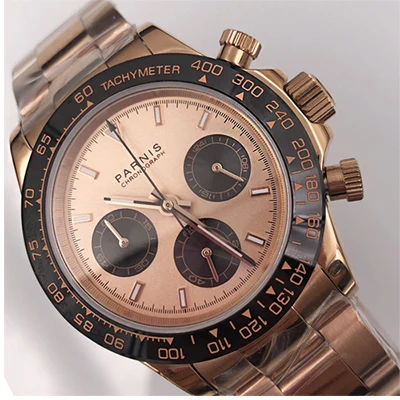 gold dial 39 мм PARNIS черный циферблат с покрытием из розового золота с сапфирами и изображением чехол Полный кварцевый хронограф мужские часы - Цвет: gold dial