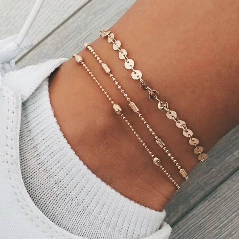 Женский ножной браслет в стиле ретро многослойный на щиколотку с бусинами и