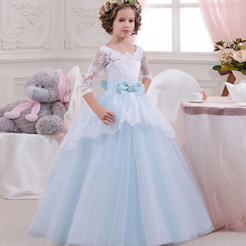 Long Formal Dresses for Girls Party Luxury V-Backless Lace Dress Princess Costumes Flower Girl Wedding Evening Gowns | Детская одежда и