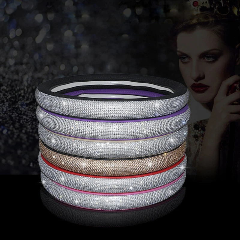 

Rhinestone Leather Steering Wheel Cover Car Fashion Four Seasons Universal Full Cystal Diamond Handle Cover Auto Accessories