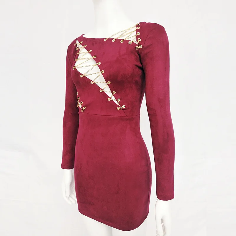 Сексуальный повязку Bodycon Замшевое платье Платья.Осень-зима Для женщин 2018 цепи