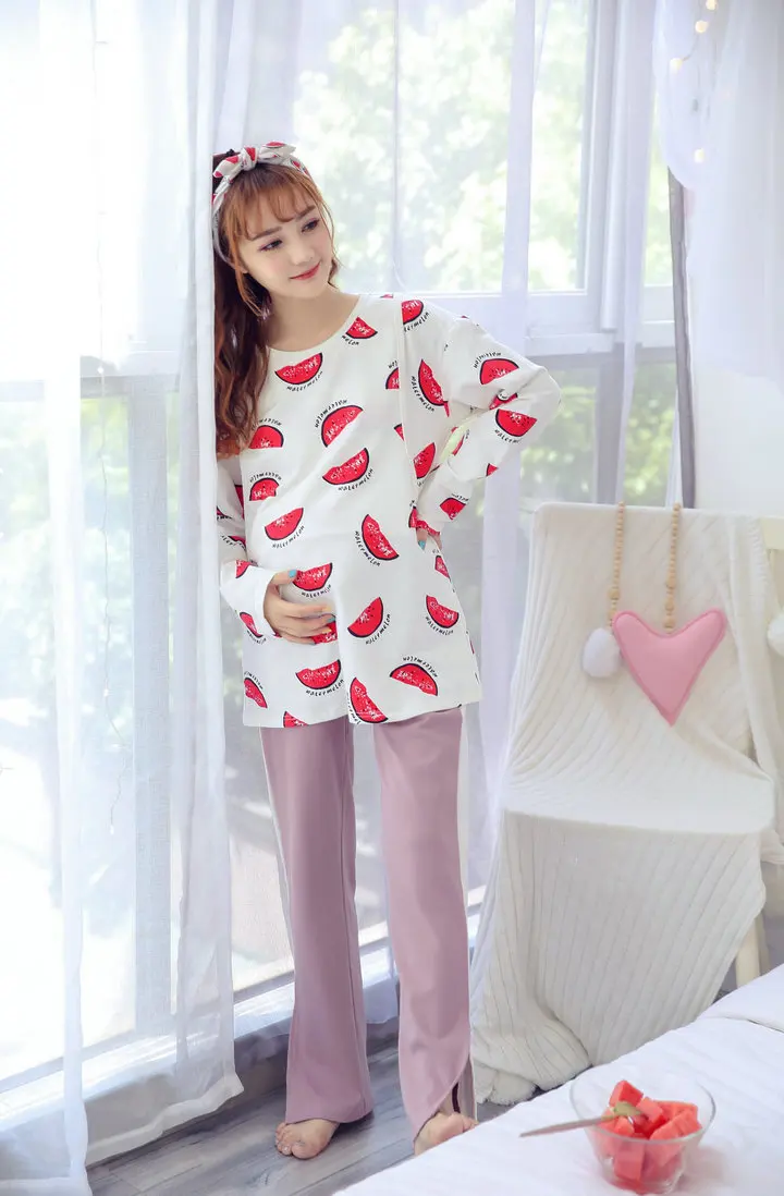 

Women Maternity Breastfeeding Printing Nursing Pajama Pijama 2Pcs SET O-Neck Nursing Shirt Adjust Belly Pants for Pregnancy