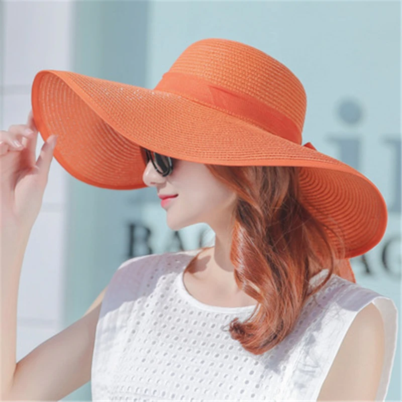 Шляпа Женская Солнцезащитная с лентами и бантом Пляжный головной убор широкими