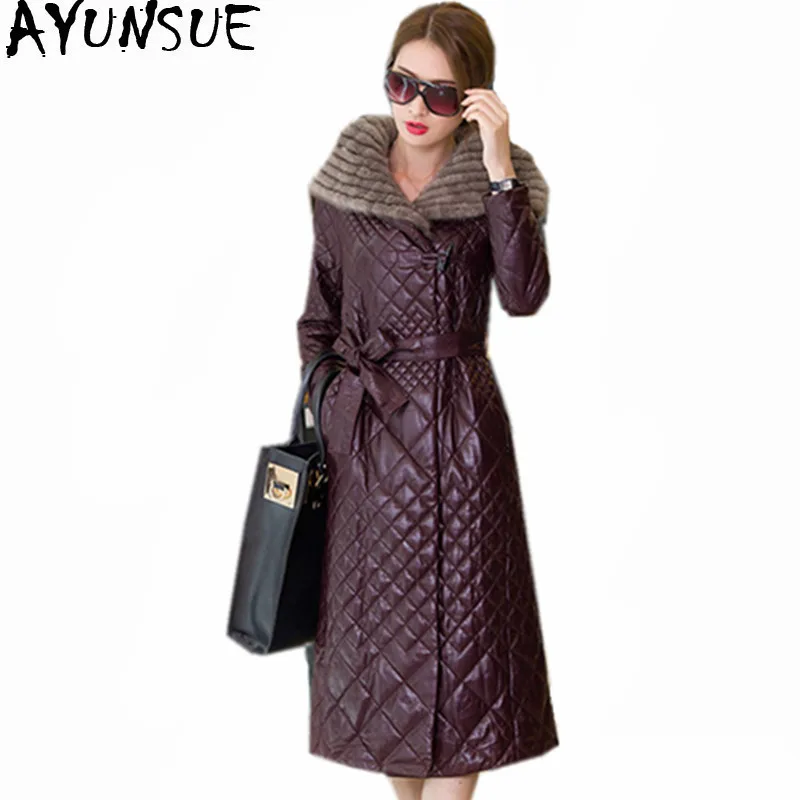 AYUNSUE 2020 женская кожаная куртка зимнее пальто с меховым воротником и капюшоном