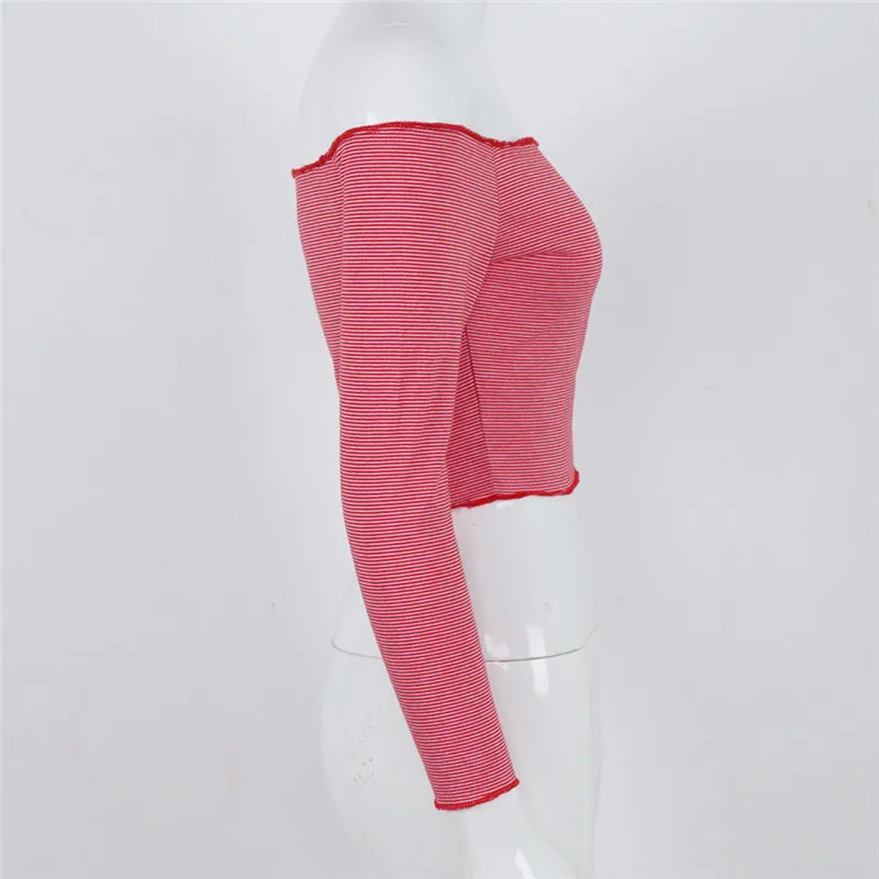 Элегантная полосатая укороченная Женская Осенняя футболка с длинными рукавами и