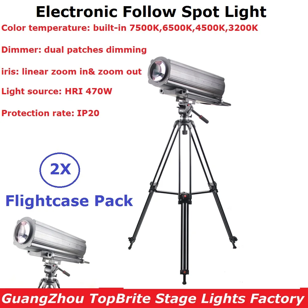 

2XLot Flightcase Pack HRI 470W Electronic Follow Spot Lights DMX Following Lights IP20 TV Studio Theater Stage Effect Lights