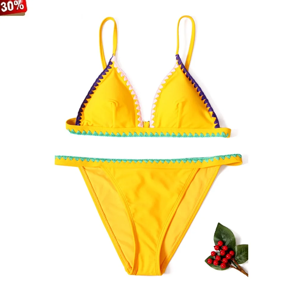 Желтый пляжный комплект из двух предметов пуловер мини купальники короткий плюс