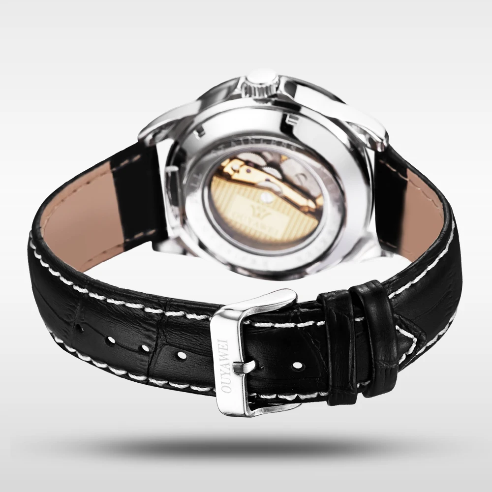 

OUYAWEI Relogio Masculino Leather Belt Mechanical Men's Watch Carving Skeleton Steampunk Dial Male Clock Automatic Wristwatch