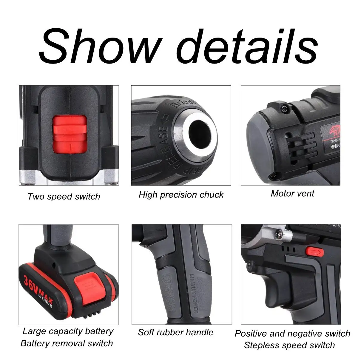 

36V Cordless Electric Drill Screwdriver Double Speed 25~28Nm Drill Power Tools for Woodworking with 2Pcs Lithium Battery+BOX