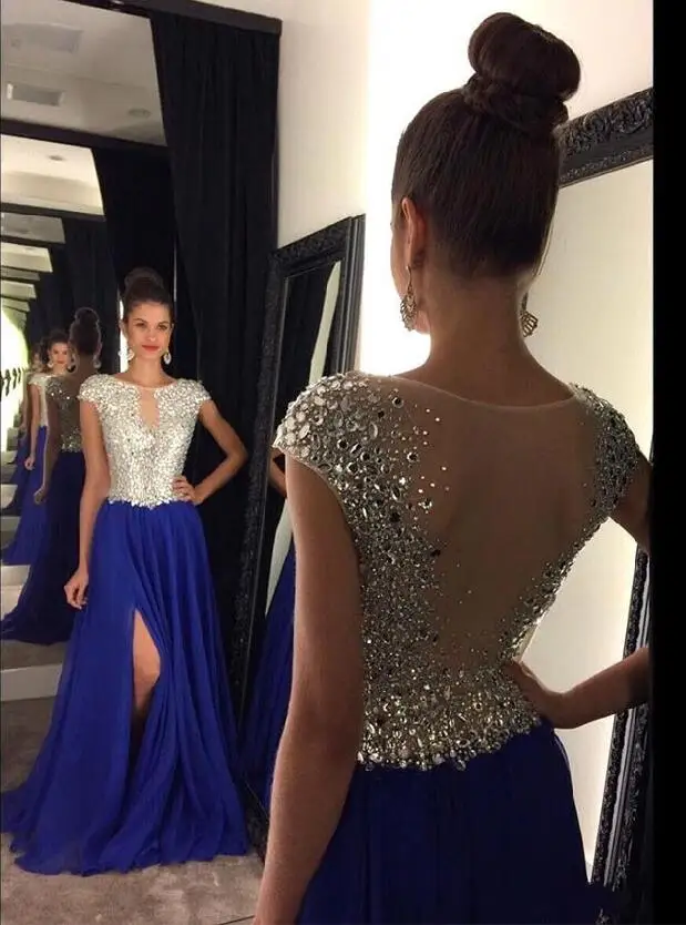 Royal Blue Prom Dresses A-line Cap Sleeves Chiffon Crystals Slit Party Maxys Long Gown Evening Robe De Soiree | Свадьбы и торжества