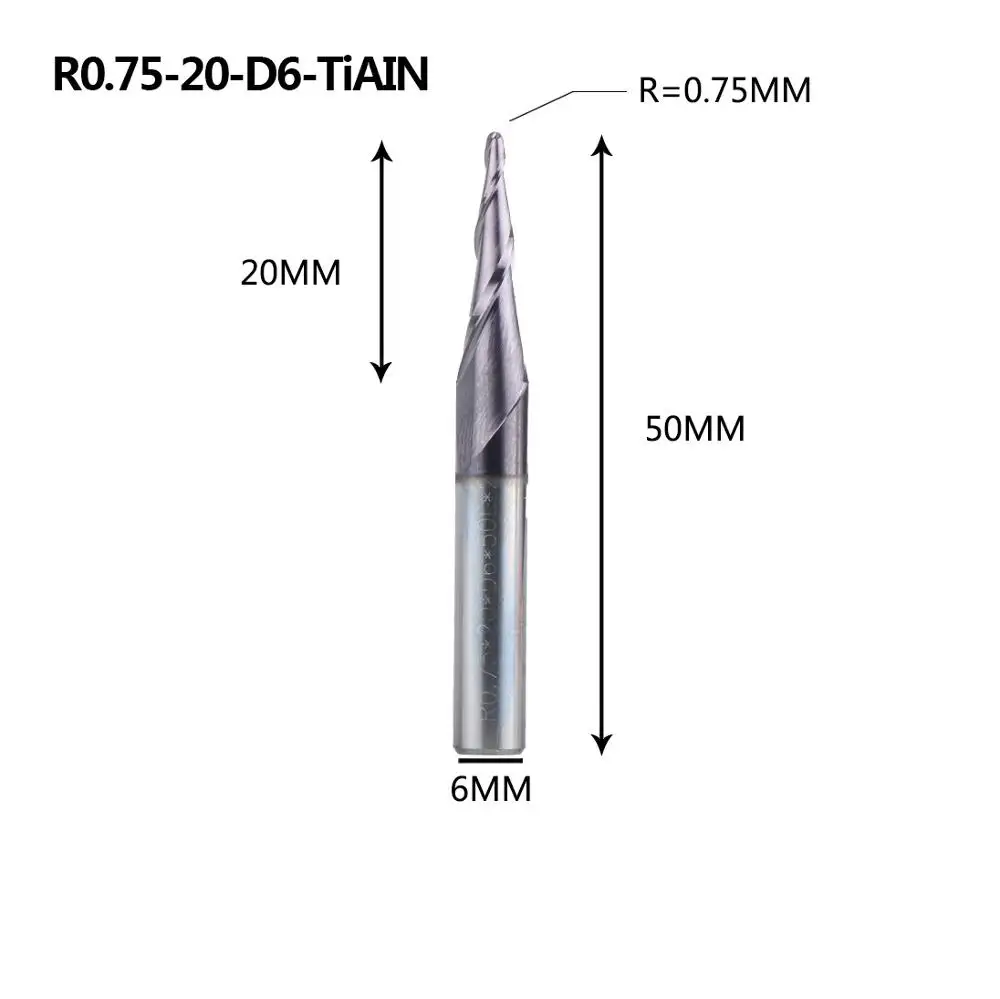 R0.75-20-50-D6 Карбид вольфрама 4 мм 6 мм 8 мм конические концевые фрезы с шариковым носом Фрезы с ЧПУ конусные фрезы для дерева и металла - Длина режущей кромки: R0.75-20-50-D6