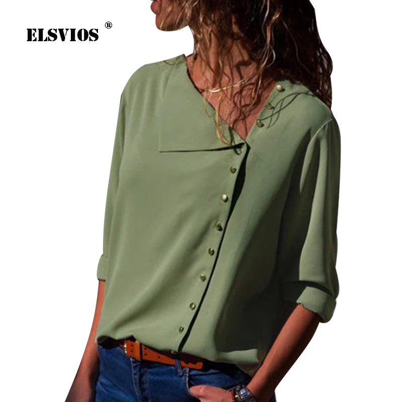 ELSVIOS 2018 Summer Autumn Women Button Irregular Blouse casual Skew Collar Blouses Shirt Elegant Long Sleeve Solid Blusa S-3XL |