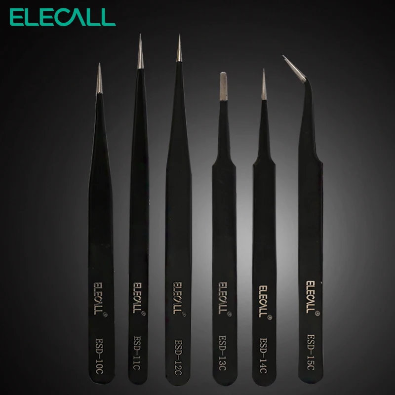 ELECALL 6 шт. ESD антистатические пинцеты из нержавеющей стали набор ремонтных