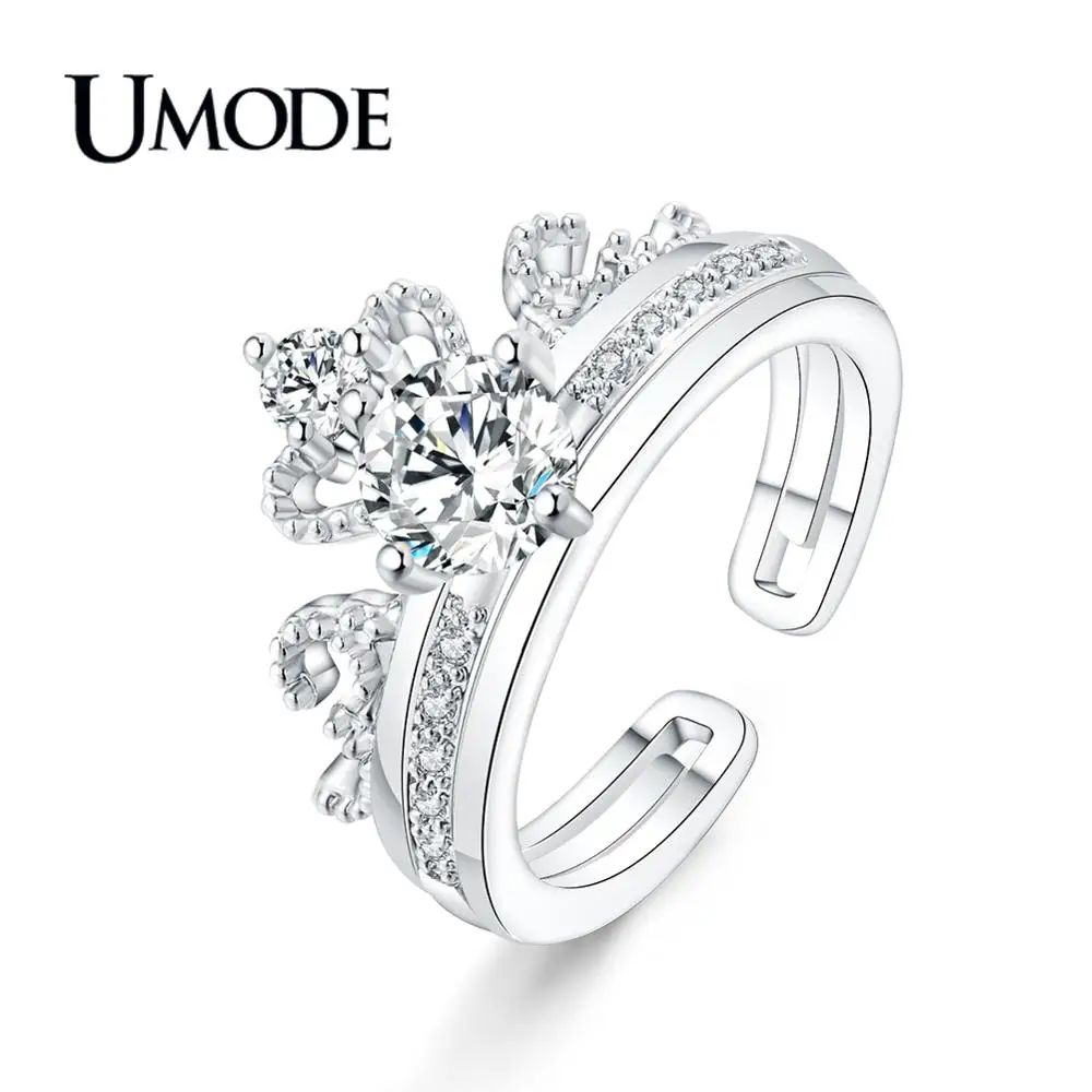 Женское кольцо с короной UMODE съемное двойное из белого золота прозрачными