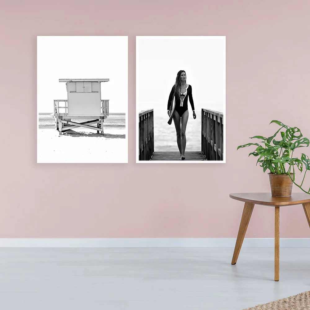 Куадрос доски для серфинга девочек Wall Art Холст Картина спасатель Nordic Плакаты и