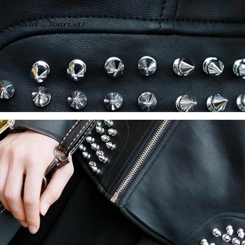 

Women Punk Studded Leather Jacket Black 2018 Spring New Rivet Washed PU Biker Rock Fashion Coat L18BD290