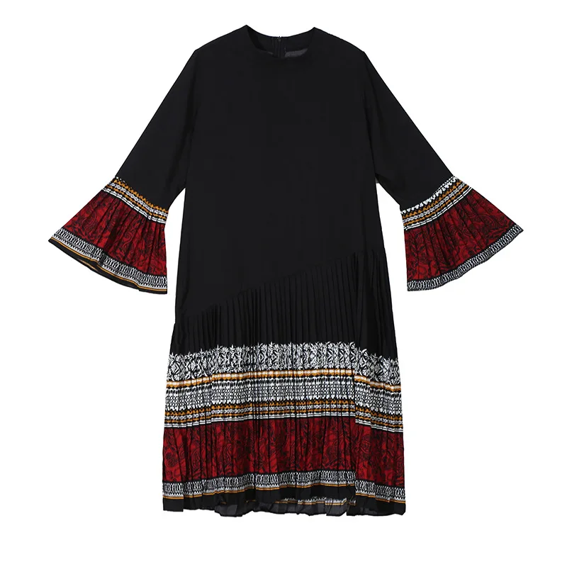 

Johnature Women Clothing New Casual Pleated Dress New Spring Flare Sleeve Hit Color O-Neck Loose Pullover 2021 Plaid Dresses