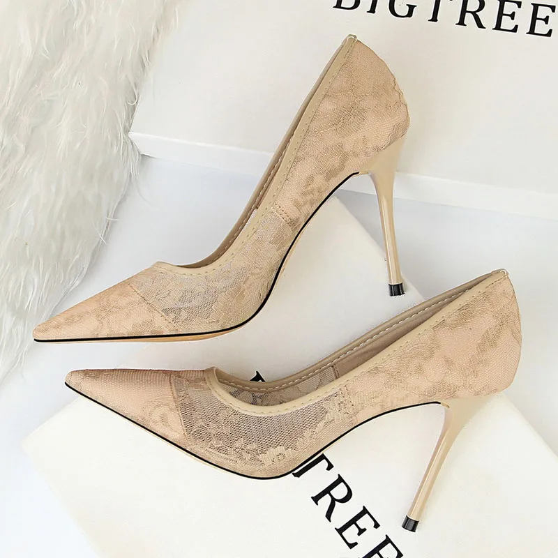 Fashion women's shoes sexy slim high heel stiletto shallow mouth pointed mesh openwork lace banquet wedding heels | Обувь