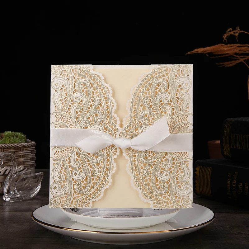 

50pcs Blue White Gold Red Laser Cut Wedding Invitations Card Elegant Custom With Ribbon Wedding Event Birthday Party Decoration