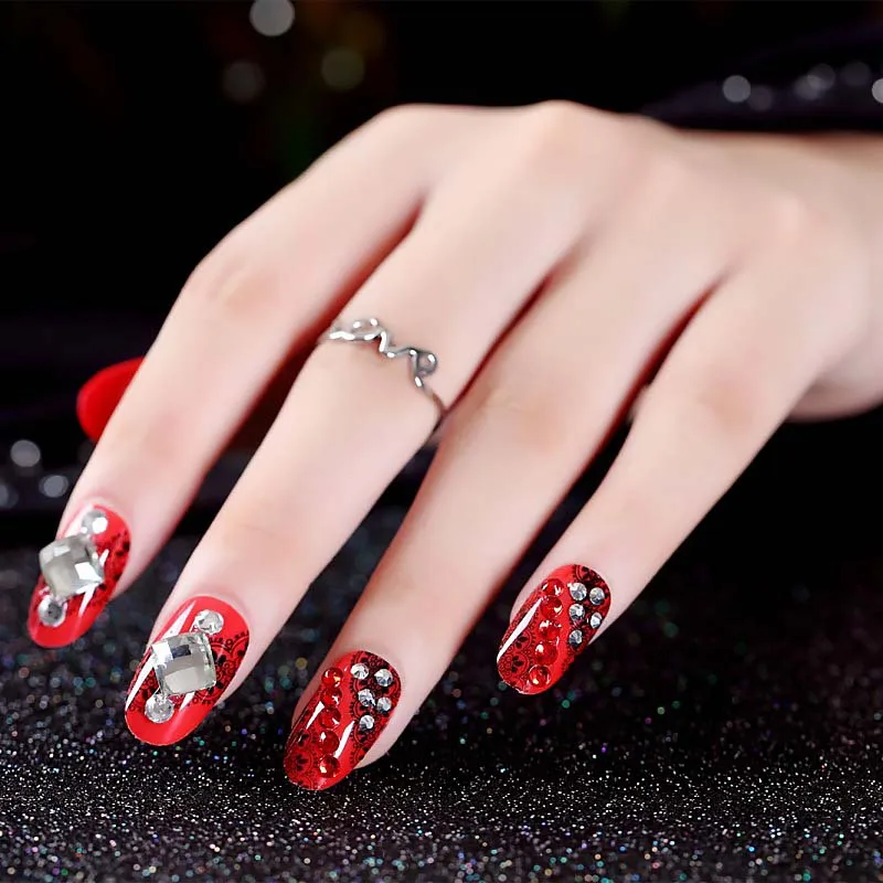 Women DIY Long Size Wedding False Nail Red Color Sexy Art Tips with Glue Shining Rhinestone Indian Fashion Fake Nails | Красота и