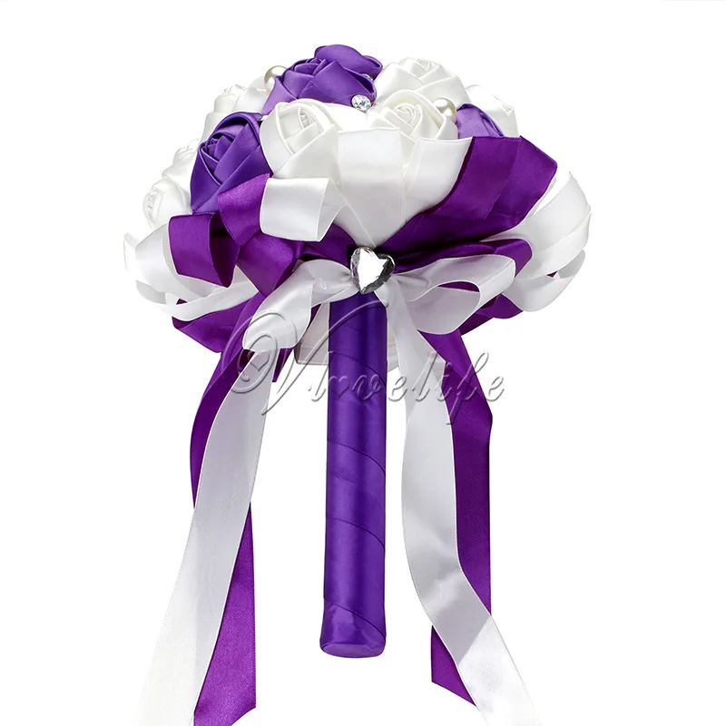whtie purple Романтический букет подружки невесты ручной работы искусственный атласный цветок розы розовое сердце горный хрусталь жемчужные свадебные сувениры, декор поставка - Цвет: whtie purple