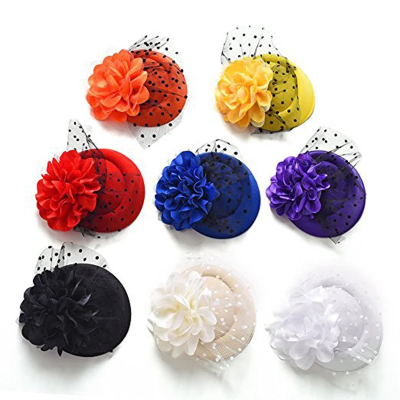 

New 1PC Flower Cap Cocktail Rose Dot Top Hairpins Ladies Party Hat Hair Clips Formal Elegant French Lace Headwear