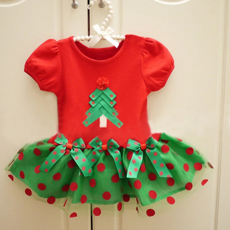 Christmas Tree Baby Girl Dress Green Red Children X'mas Costumes Girls TUTU Dresses Dot Infant Jumper Toddler Outfits 1-4 Years