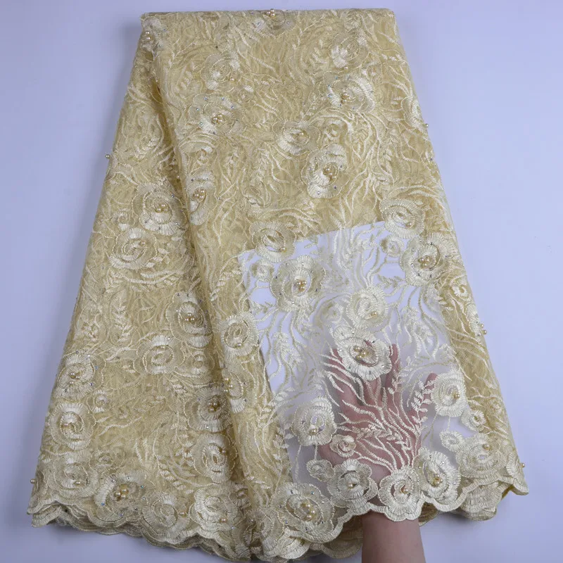 

Nigerian Lace Fabric With Beads Embroidered French Tulle Lace Latest African Lace Fabric For Party Dress A1375