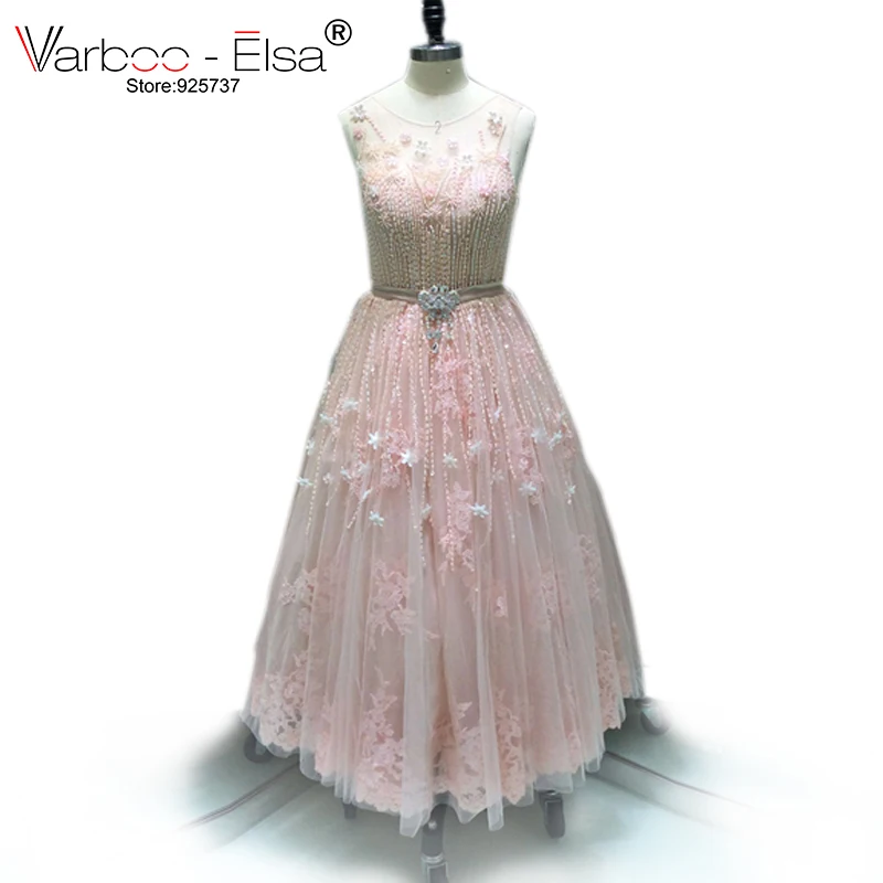 

VARBOO_ELSA 2021 Sleeveless Beading Evening Dress Ankle-Length Party Gown Appliques A-line Prom Dress O Neck Vestidos De Festa