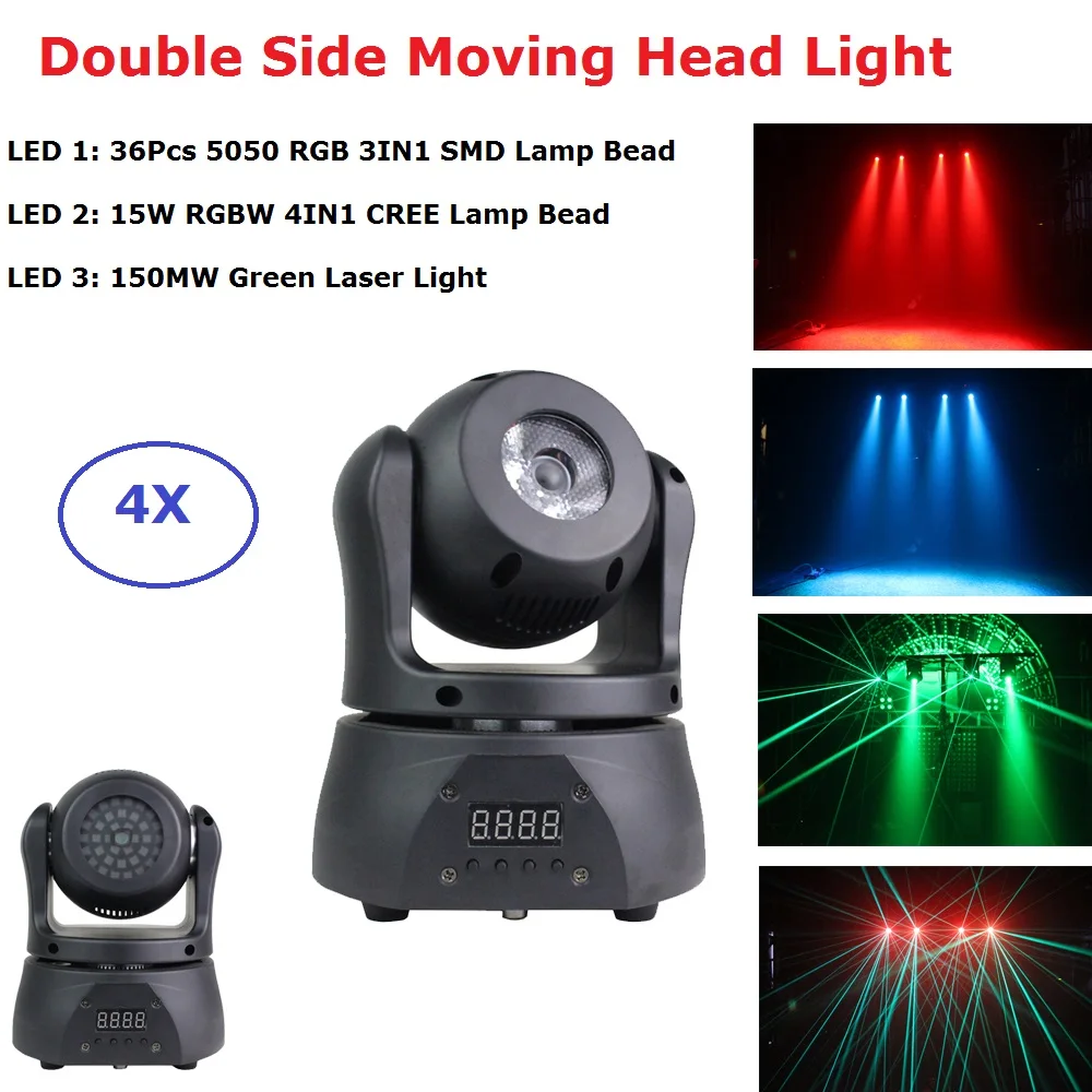 

Lyre LED Moving Head Double Side 15W RGBW + 36Pcs SMD 5050 LED Moving Head Light With 150MW Laser Projector Beam Party Light