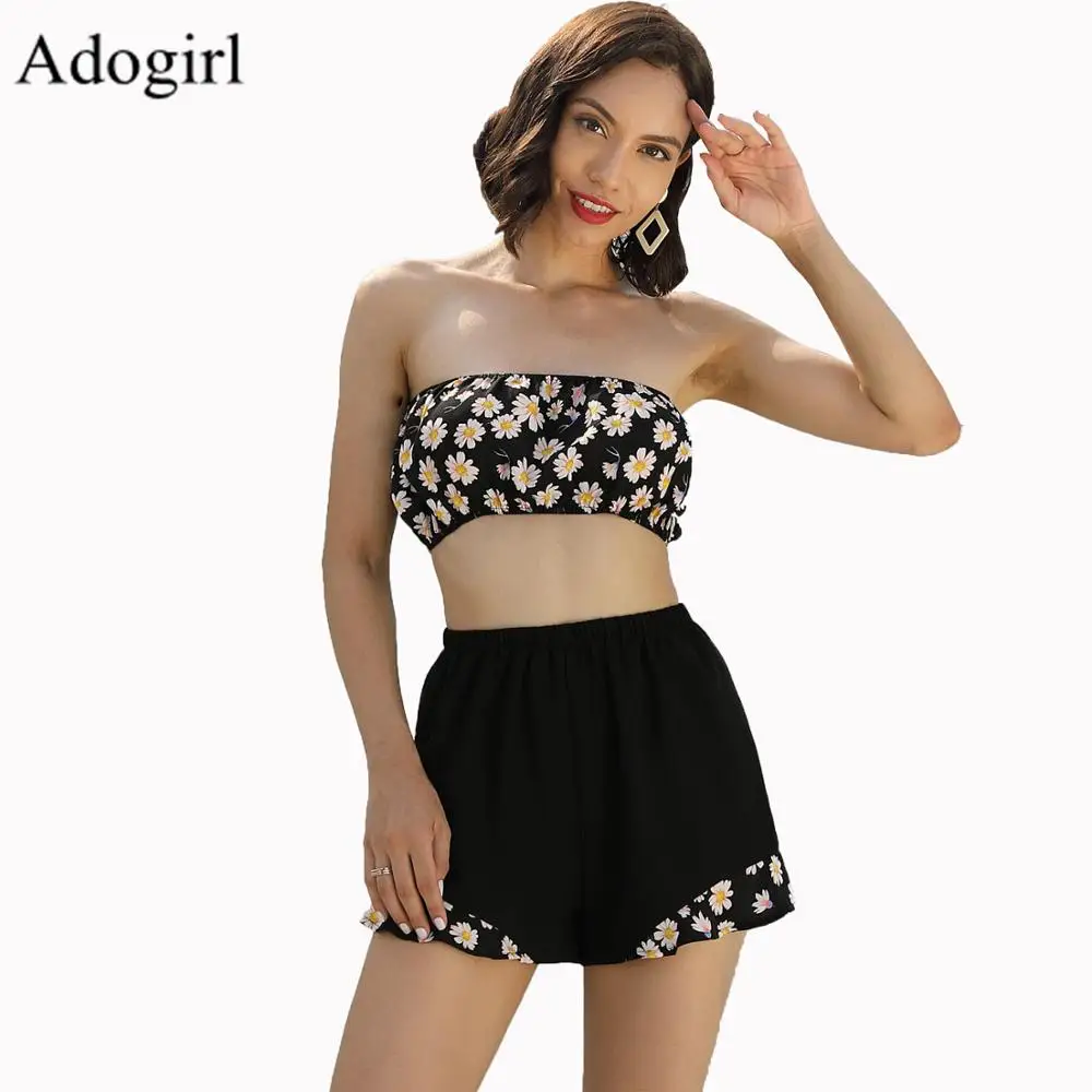 Женский комплект 2 шт. шорты и укороченный топ на бретельках летний повседневный