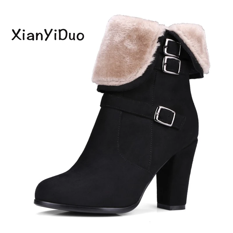 Xianyiduo/зимняя обувь женские ботинки теплые плюшевые ботильоны на высоком каблуке