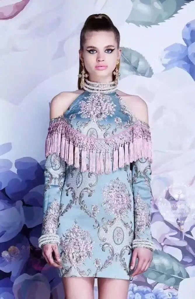 2017 Haute Couture Tassel Nail Bead Jacquard Embroidery Dress Autumn New Arrival Plus Size Women Party Dresses | Женская одежда