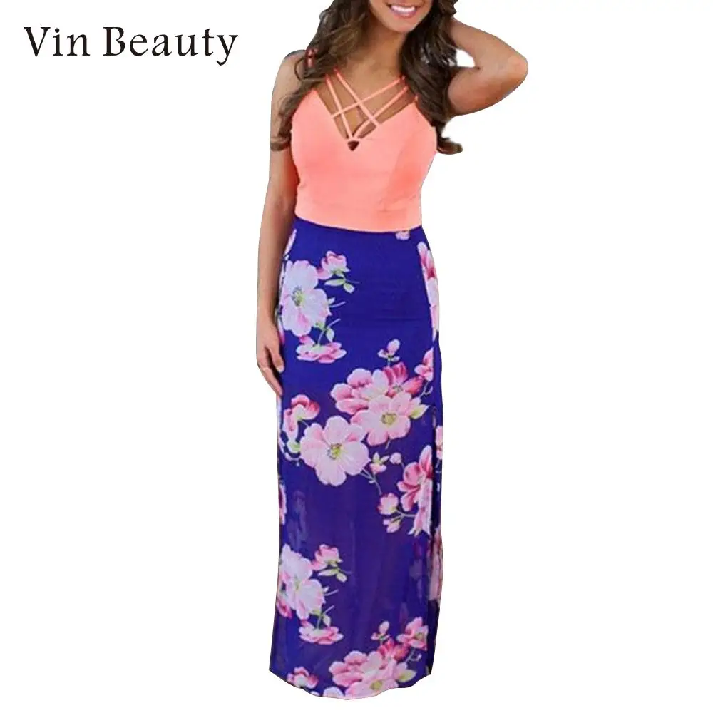 Новый Для женщин Boho пляж с v образным вырезом без рукавов цветочным рисунком